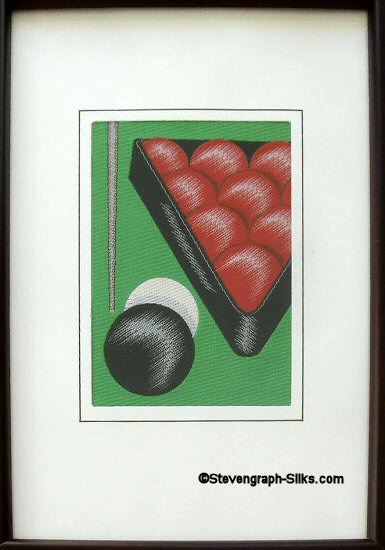 J & J Cash woven sports card, with image of a snooker cue and black, white and red balls