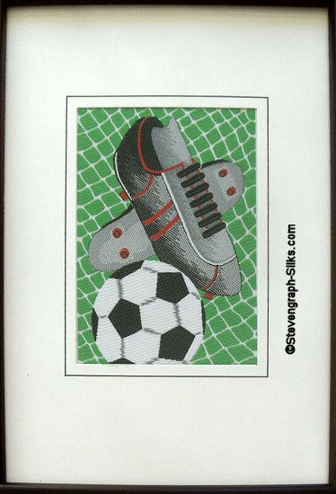J & J Cash woven sports card, with image of a football, soccer boots and net