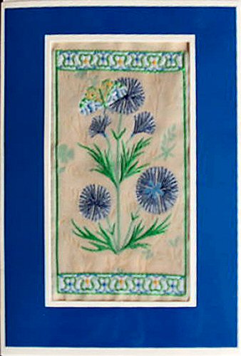 J & J Cash woven flower card, with no woven title words, just image of Unknown flowers & butterfly - version 1
