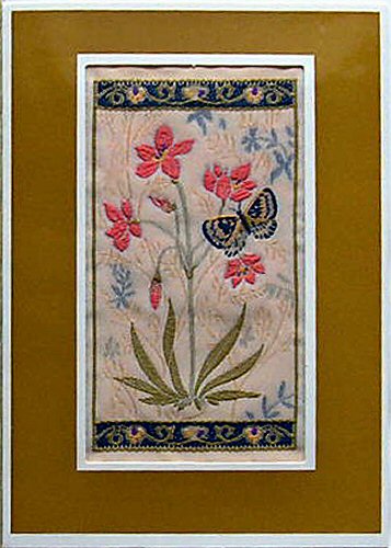 J & J Cash woven flower card, with no woven title words, just image of Unknown flowers & butterfly - version 3