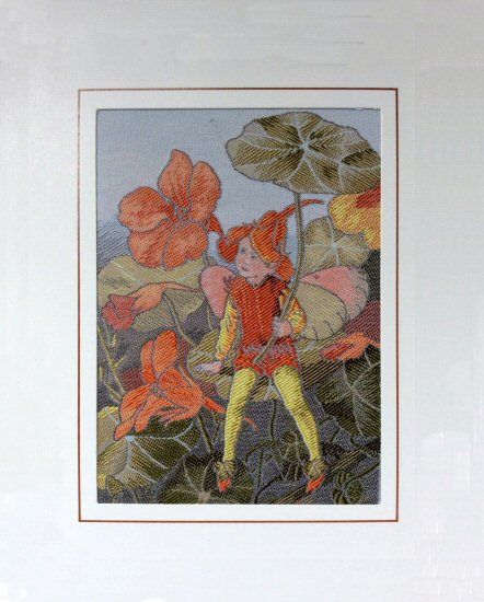 J & J Cash woven card, with no words, with image of a Nasturtium Flower Fairy