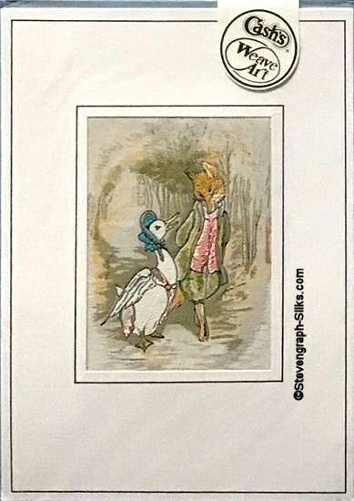 J & J Cash woven card, with no title words, but image of Jemima Puddle-Duck and Mr Fox