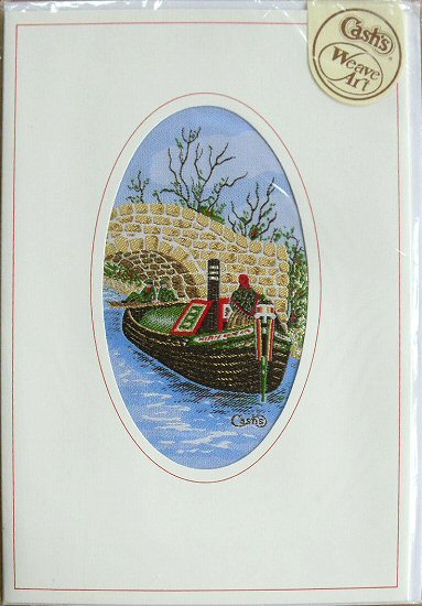 J & J Cash woven card, with no words, with image of a Canal Barge
