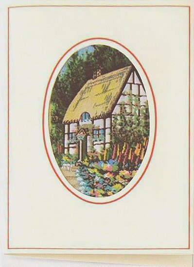 J & J Cash woven card, with no words, with image of a timber framed cottage