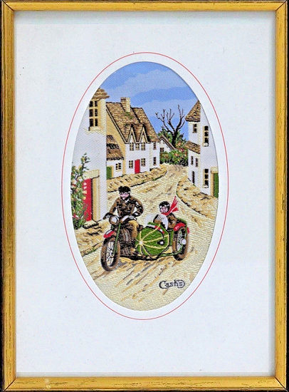 J & J Cash small oval centred woven picture with image of a Motor cycle and sidecar