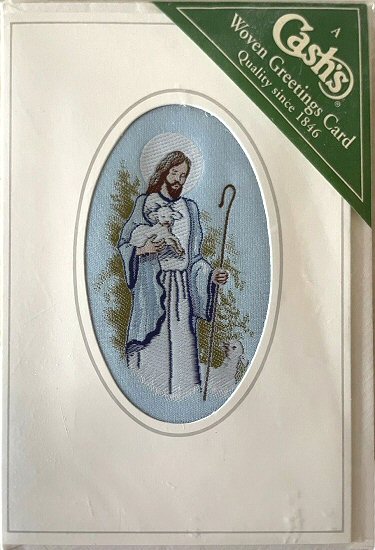 J & J Cash woven card, with no words, with image of Jesus as shepherd, but CASH'S title of 23rd Psalm