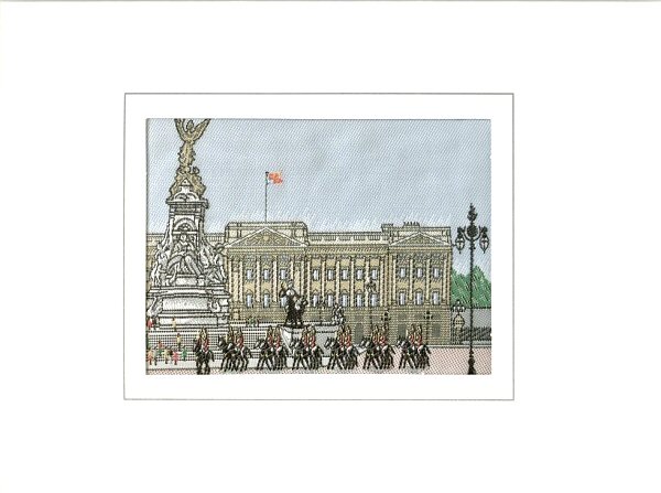 J & J Cash woven card, with no title words, but image of landscape view of Buckingham Palace