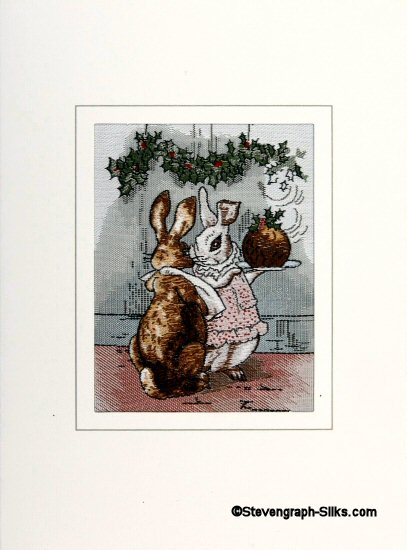 J & J Cash woven card, with no title words, but image of Rabbits with Christmas pudding