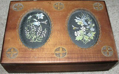 J & J Cash wooden box STYLE 3, with two woven pictures of unidentified flowers