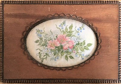 J & J Cash wooden box STYLE 4, with a woven picture of a Downey Rose flower