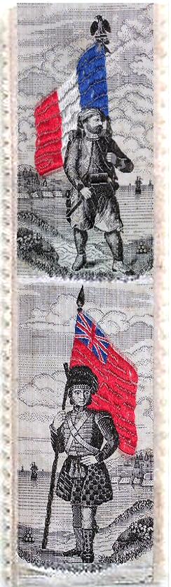 J & J Cash woven ribbon with images of British and French soldiers ready for the Crimean war