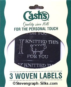 J & J Cash woven saw-on label with words: I KNITTED THIS FOR YOU