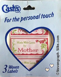 J & J Cash woven saw-on label with words: MADE WITH LOVE BY MOTHER