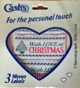 J & J Cash woven saw-on label with words: WITH LOVE AT CHRISTMAS