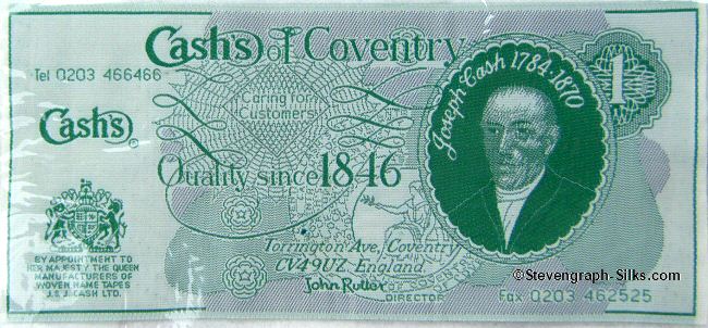 J & J Cash woven picture of an old British One Pound green note