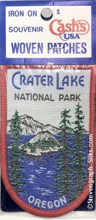 J & J Cash woven saw-on label with words: Crater Lake National Park, Oregon