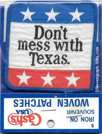 J & J Cash woven saw-on label with words: Don't mess with Texas