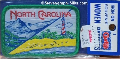 J & J Cash woven saw-on label with words: North Carolina