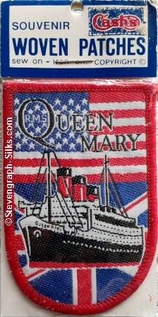 J & J Cash woven saw-on label with words: Queen Mary, and image of an ocean liner