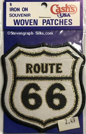 J & J Cash woven saw-on label with words: Route 66