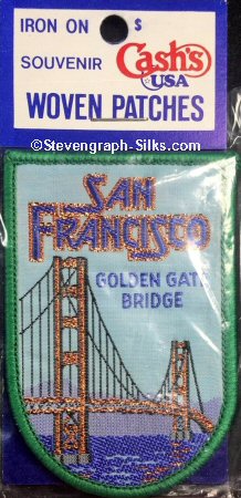 J & J Cash woven saw-on label with words: San Francisco, Golden Gate Bridge