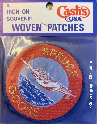 J & J Cash woven saw-on label with words: Spruce Goose, Long Beach, California