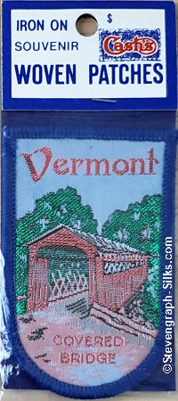 J & J Cash woven saw-on label with words: Vermont
