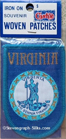 J & J Cash woven saw-on label with words: Virginia Sic Semper Tyrannis