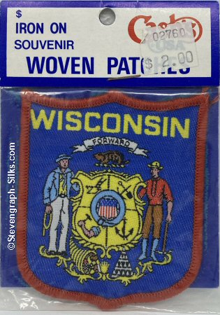 J & J Cash woven saw-on label with words: Wisconsin