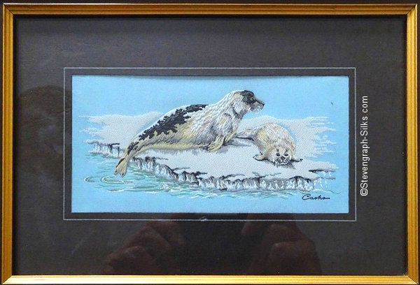 J & J Cash woven picture with image of a Seal & her pup
