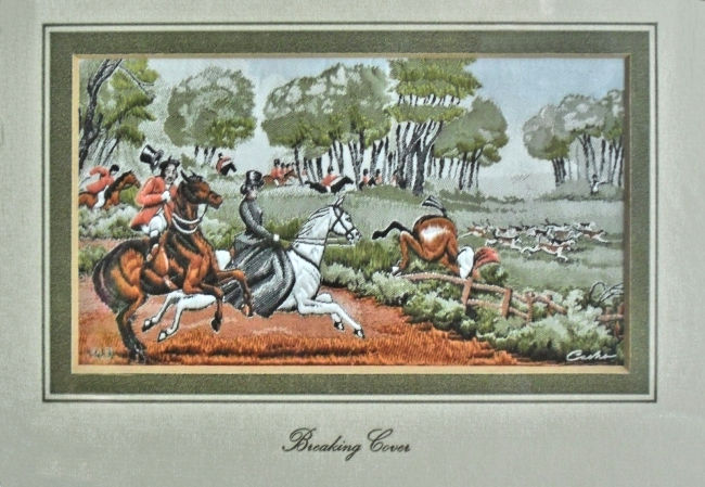 J & J Cash woven picture with image of horses and riders jumping over fences