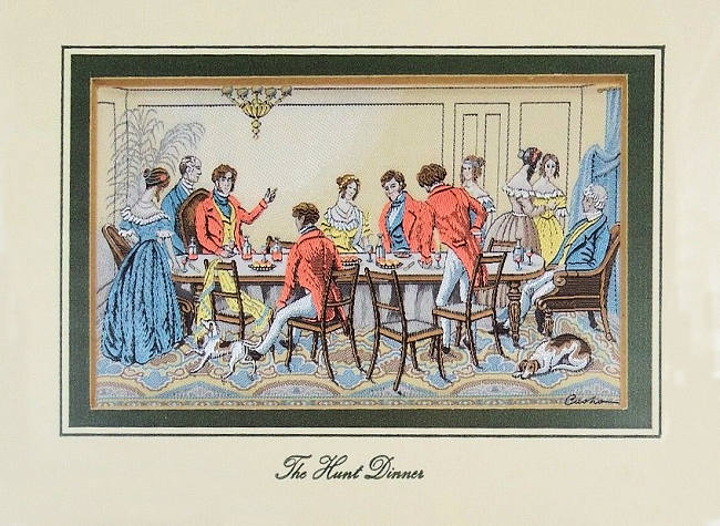 J & J Cash woven picture with image of men and women at a dinner