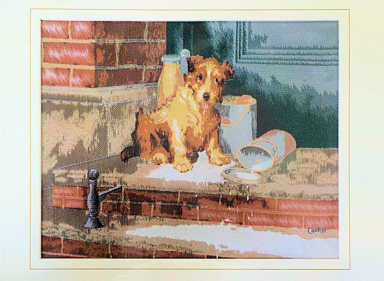 J & J Cash woven picture of a small dog among bottles of spilt milk on the door step