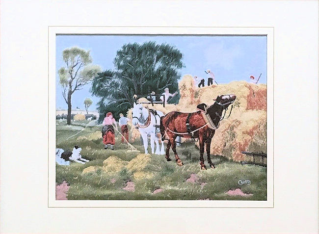 J & J Cash woven picture of people stacking the hay on wagons, with horses and dogs