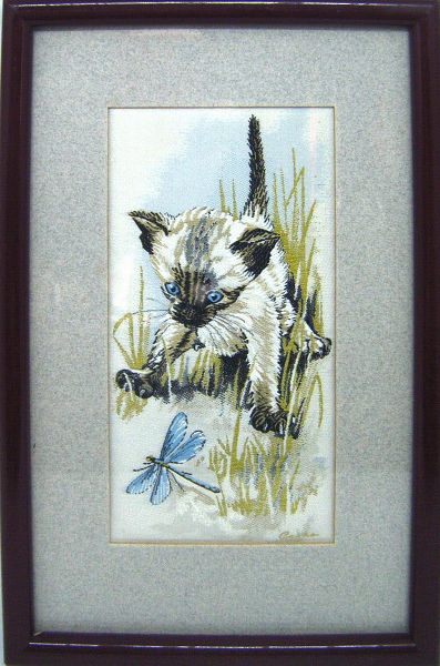J & J Cash woven picture with image of a Siamese kitten & dragonfly