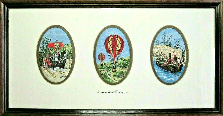 J & J Cash woven picture with three pictures in one frame; being horse drawn dray, hot air ballon & canal barge