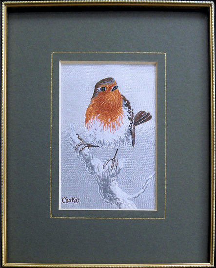 J & J Cash woven picture of a Robin on a snow covered branch