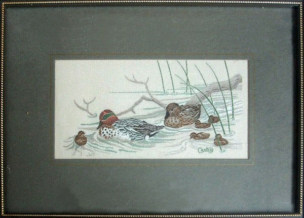 J & J Cash woven picture of two birds with five young, with no words, but title of Teal & young