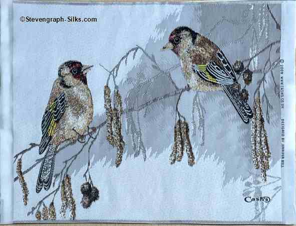 J & J Cash woven picture of a pair of goldfinches