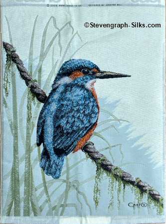 J & J Cash woven picture of a kingfisher, standing on a rope