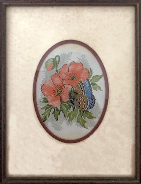 J & J Cash woven picture with no words, but image of a Chalkhill Blue  butterfly & poppy flowers