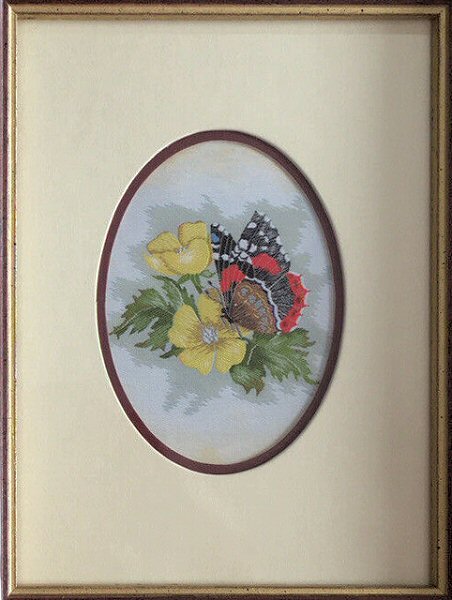J & J Cash woven picture with no words, but image of a Red Admiral butterfly & Buttercup flowers