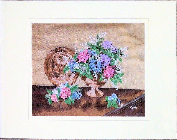 J & J Cash woven picture of Hydrangeas & Lilacs, in a formal display