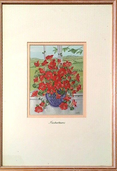 J & J Cash woven picture of red Nasturtiums flowers