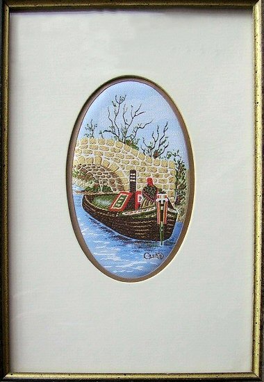 J & J Cash small oval centred woven picture with image of a Canal barge