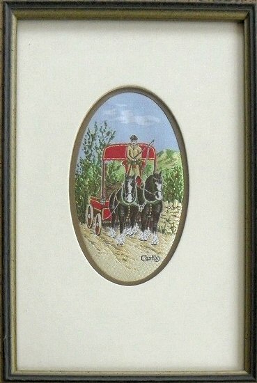J & J Cash small oval centred woven picture with image of an Horse drawn Dray