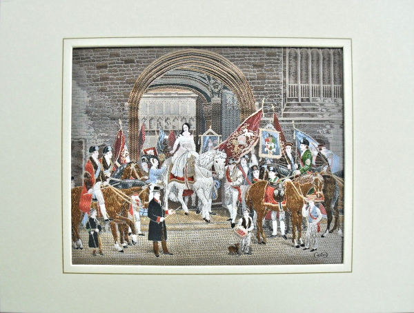 J & J Cash woven picture of a modern procession through a gateway in Coventry