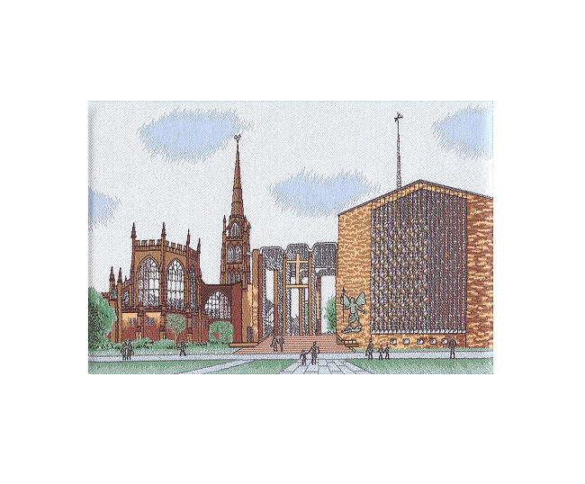 J & J Cash woven picture with no words, but image of Coventry Cathedral