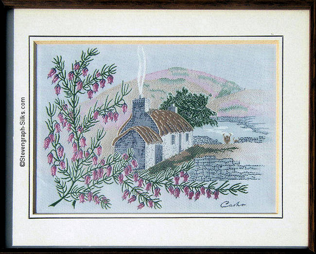 J & J Cash woven picture with no words, but title of Irish Cottage