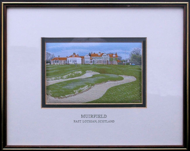 J & J Cash woven picture with image of a sand bunker and Club House